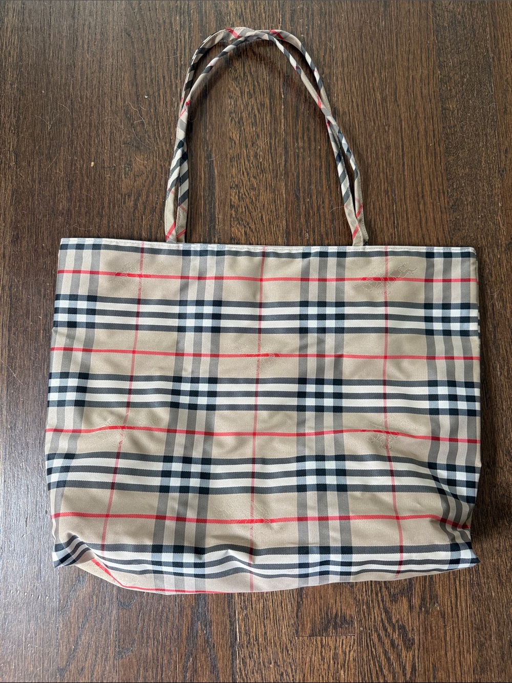 Burberry Beige Plaid Tote with Black and Red Accents